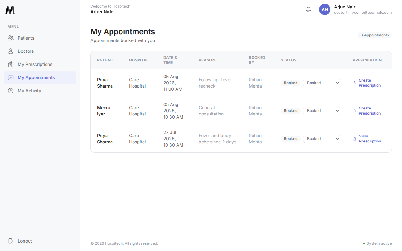 Dr. Arjun Nair's My Appointments list, showing his upcoming appointments with Priya Sharma and Meera Iyer