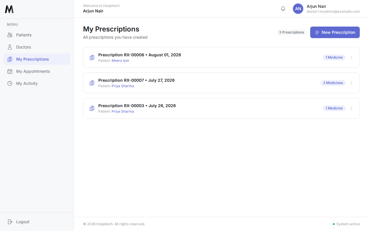 Dr. Arjun Nair's My Prescriptions list, showing his prescription history for Priya Sharma and Meera Iyer