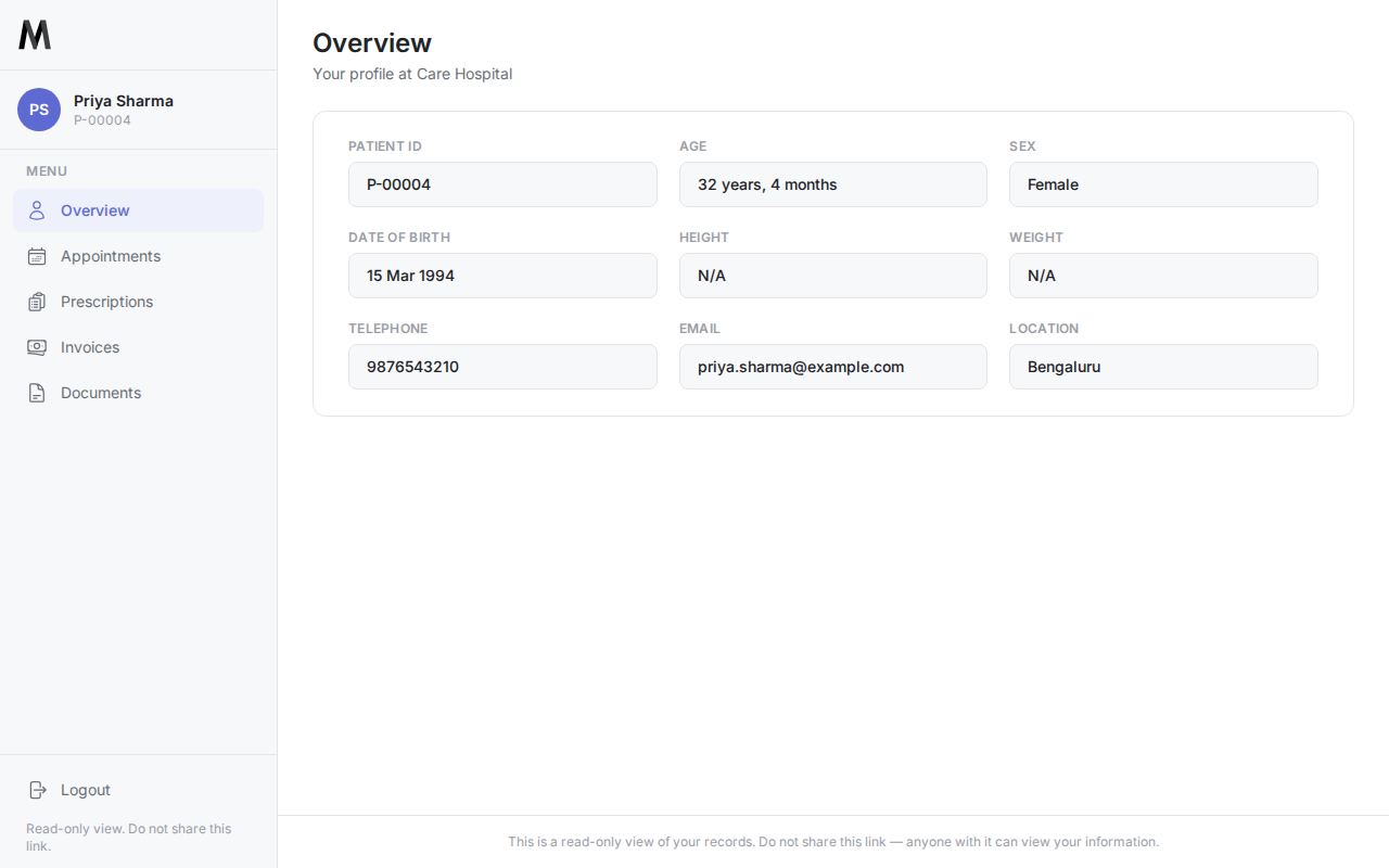 Priya Sharma's overview page in the patient portal, showing her profile details