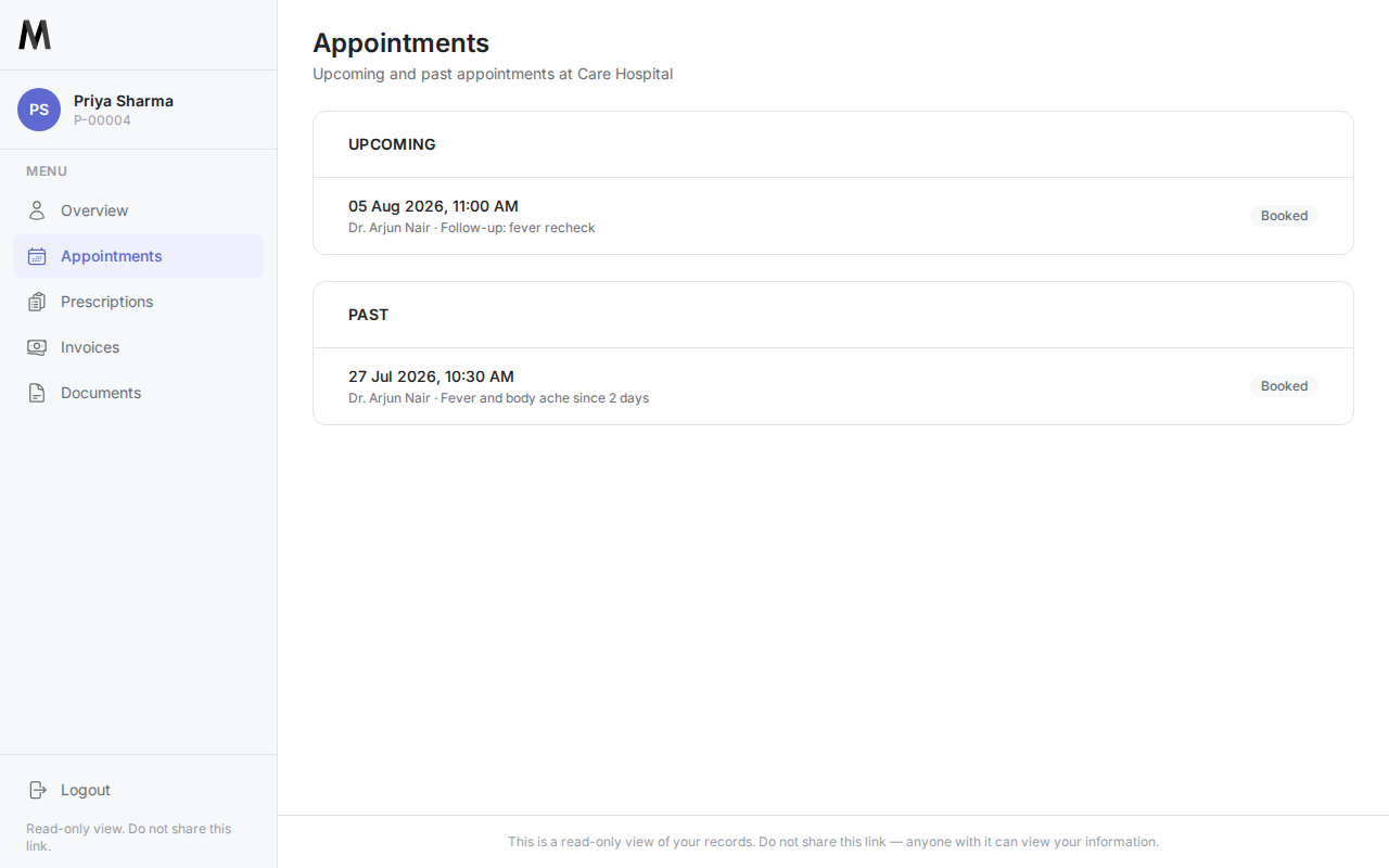Priya Sharma's appointments page showing an upcoming follow-up and a past visit, both with Dr. Arjun Nair