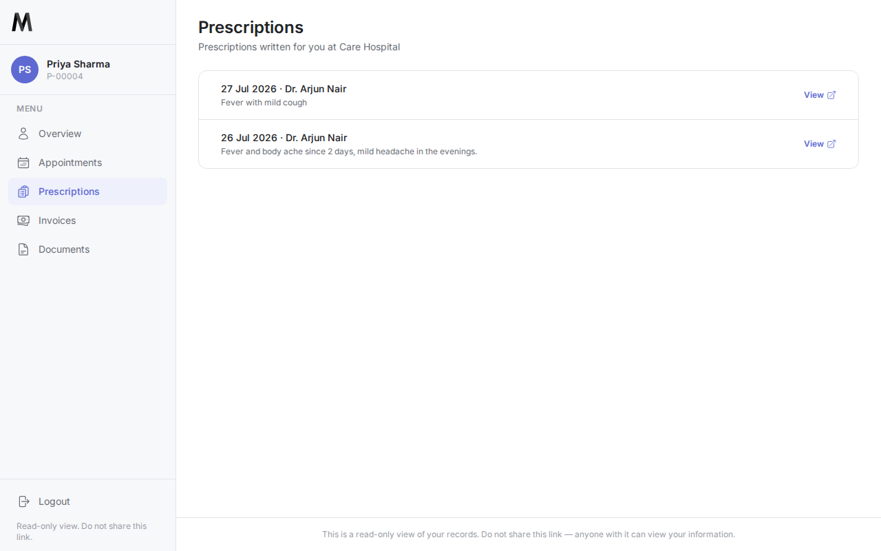 Priya Sharma's prescriptions list in the patient portal