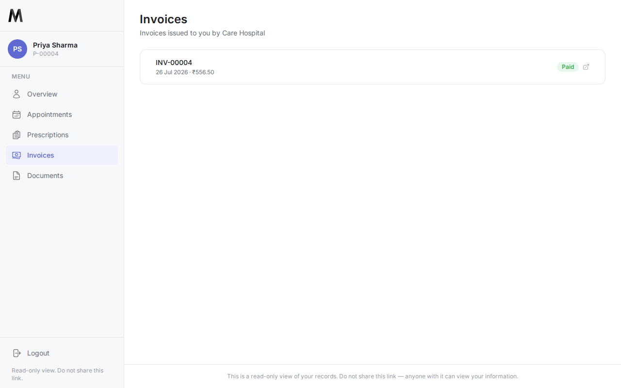 Priya Sharma's invoices list in the patient portal, showing a paid invoice