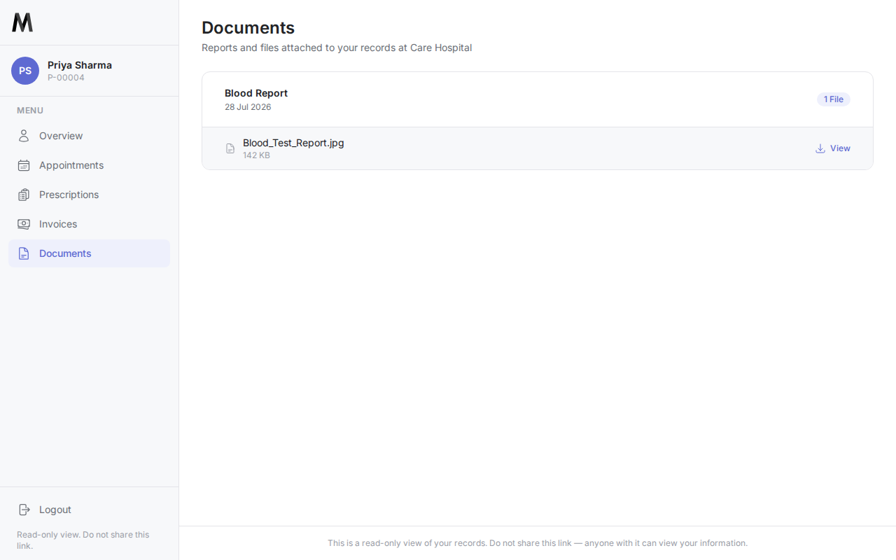 Priya Sharma's documents page in the patient portal, showing an attached blood report