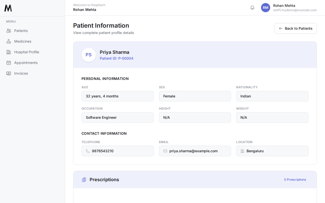 Patient profile page for Priya Sharma