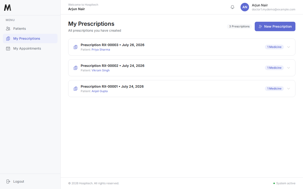 Dr. Arjun Nair's prescriptions list with a new prescription for Priya Sharma