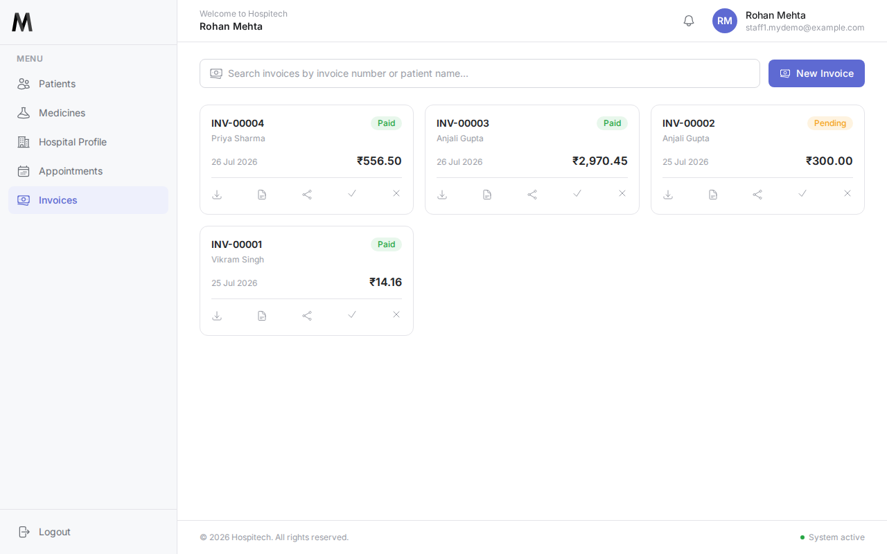 Invoices list showing a paid invoice for Priya Sharma