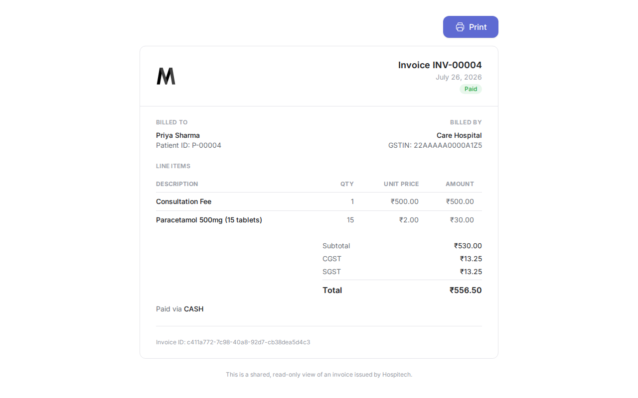 Publicly shared, read-only invoice view
